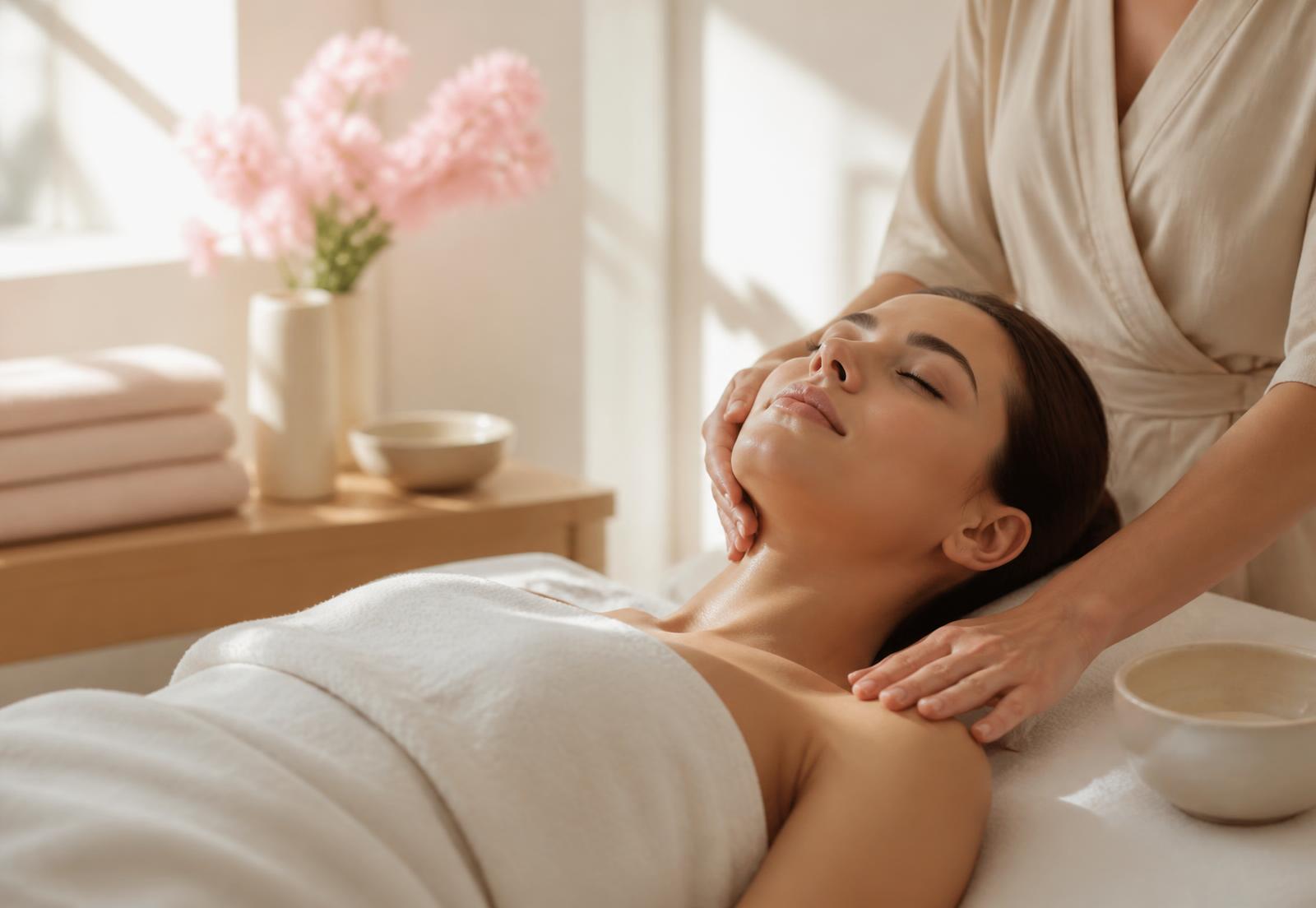 Massagem facial relaxante feita por profissional num estúdio de estética luminoso